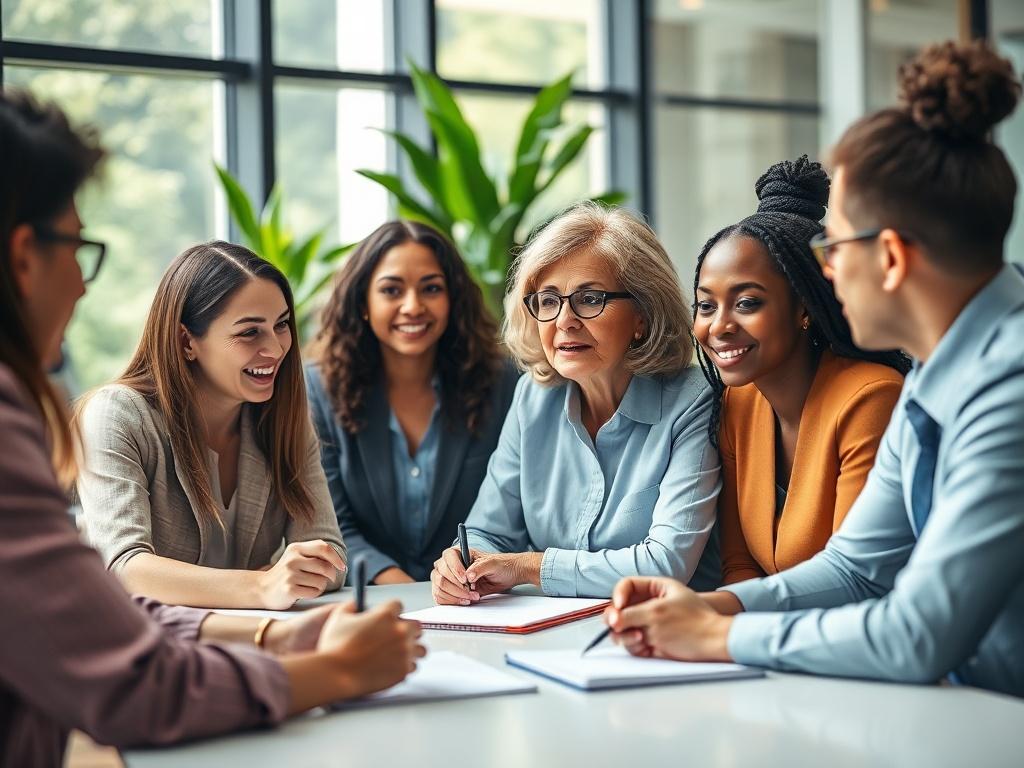 A vibrant photo capturing a group of diverse professionals in a mentoring session. The group consists of four mid-level managers and a mentor, all engaged in an animated discussion around a conference table. The mentor, an older Caucasian woman, is speaking passionately while the others listen attentively, taking notes. The environment is bright and modern, with large windows and greenery visible in the background.