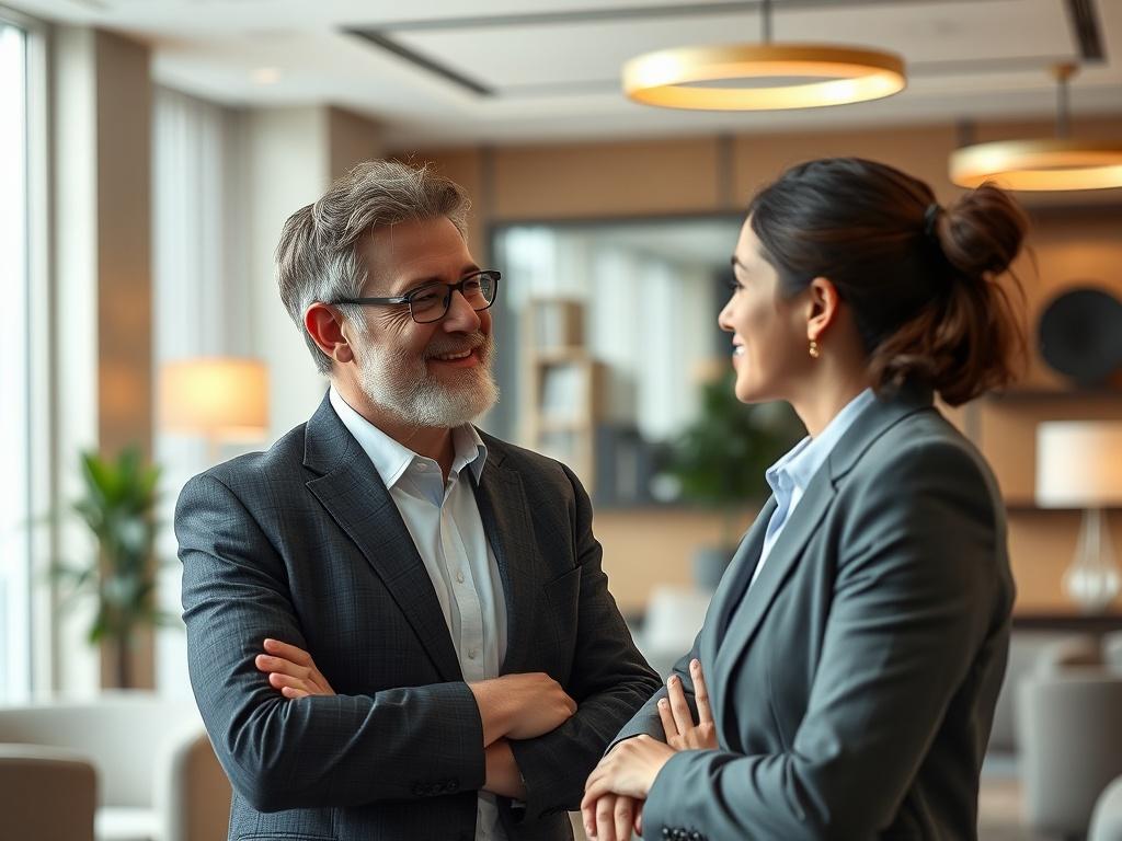 A realistic high-resolution photo of a professional mentor engaging with a mid-level manager in a modern office setting. The mentor should be an animated character exuding professionalism and confidence, while the manager shows eagerness and attentiveness. The background should feature an elegant office environment, with soft lighting and contemporary furnishings, creating an inviting atmosphere for productive discussions.