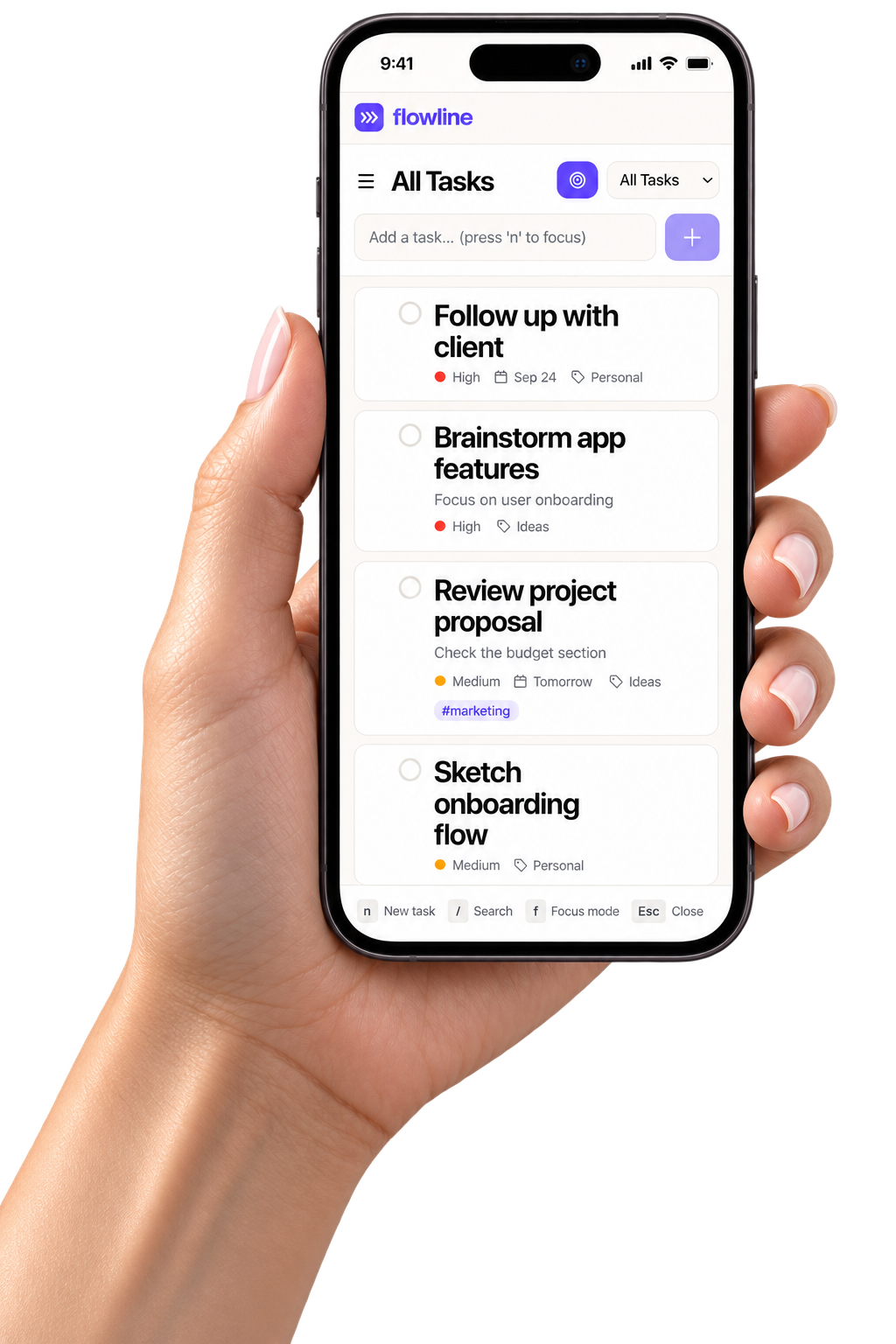 Flowline task app on a phone held in hand