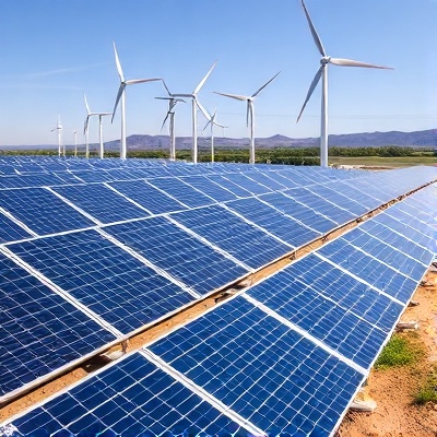 Solar panel array and wind turbines in renewable energy farm