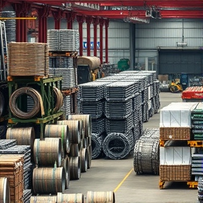 Realistic industrial metals and raw materials stockyard with metal coils and steel bundles