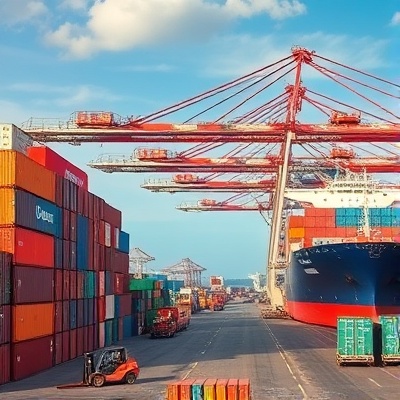 International shipping port with stacked containers and cargo logistics operations