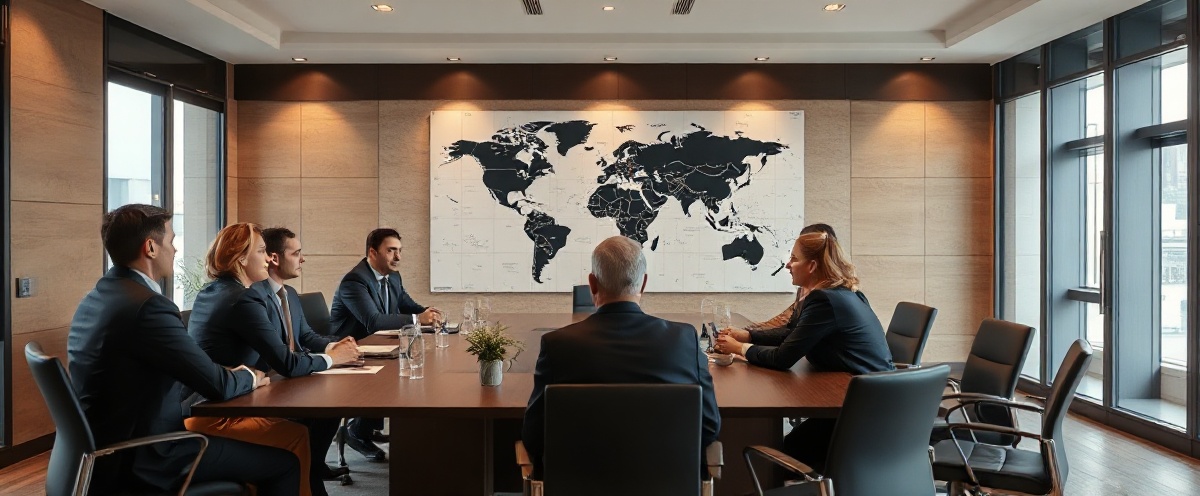 Professional international business boardroom with executives discussing global commerce