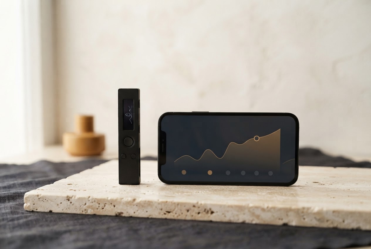 A hardware wallet and smartphone arranged on a warm stone surface