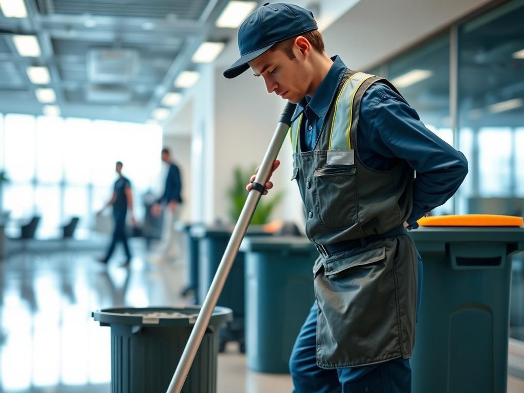 A focused and realistic close-up shot of a professional porter in uniform actively cleaning a high-traffic area. The scene should display the porter using a cleaning tool, such as a vacuum or mop, in a well-lit, modern office space. The background should be slightly blurred to emphasize the porter, with details like trash bins and clean surfaces in focus. The composition should evoke a sense of professionalism and dedication to cleanliness.