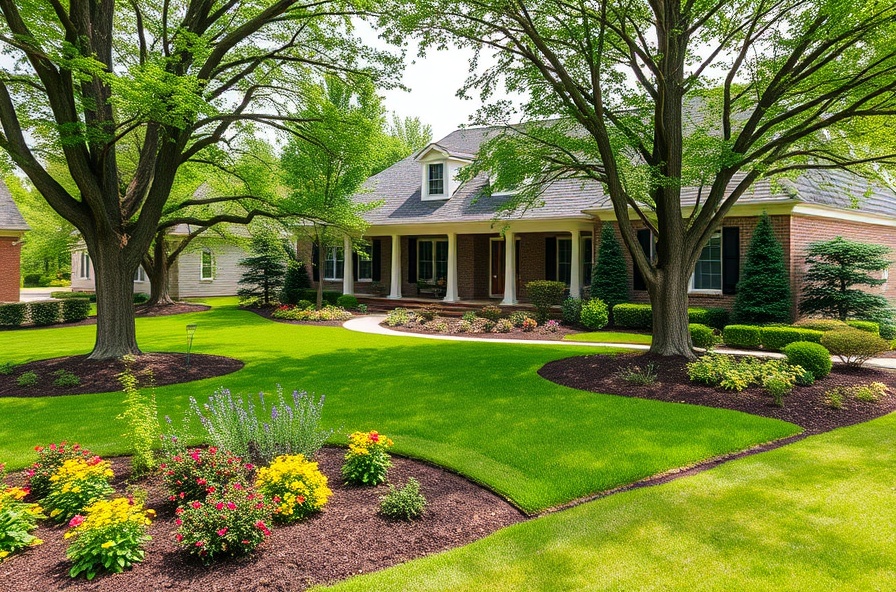 Front yard landscape with trees and shrubs