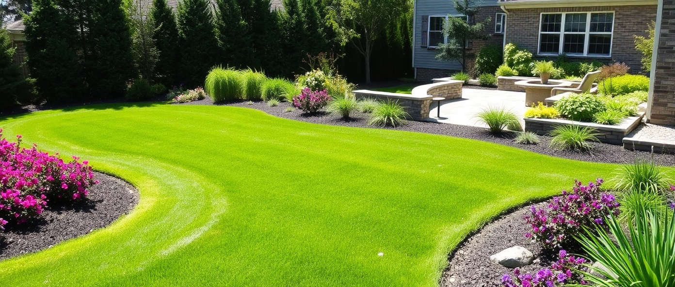 Completed landscape with lawn and stone patio