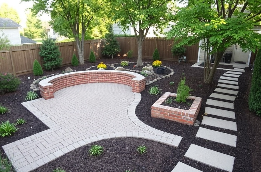 Brick patio with garden beds and shrubs