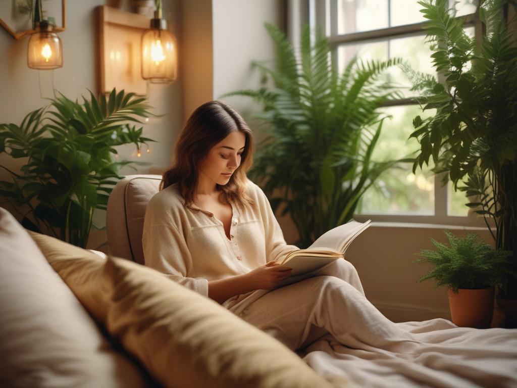 A calming scene featuring a woman enjoying a self care
