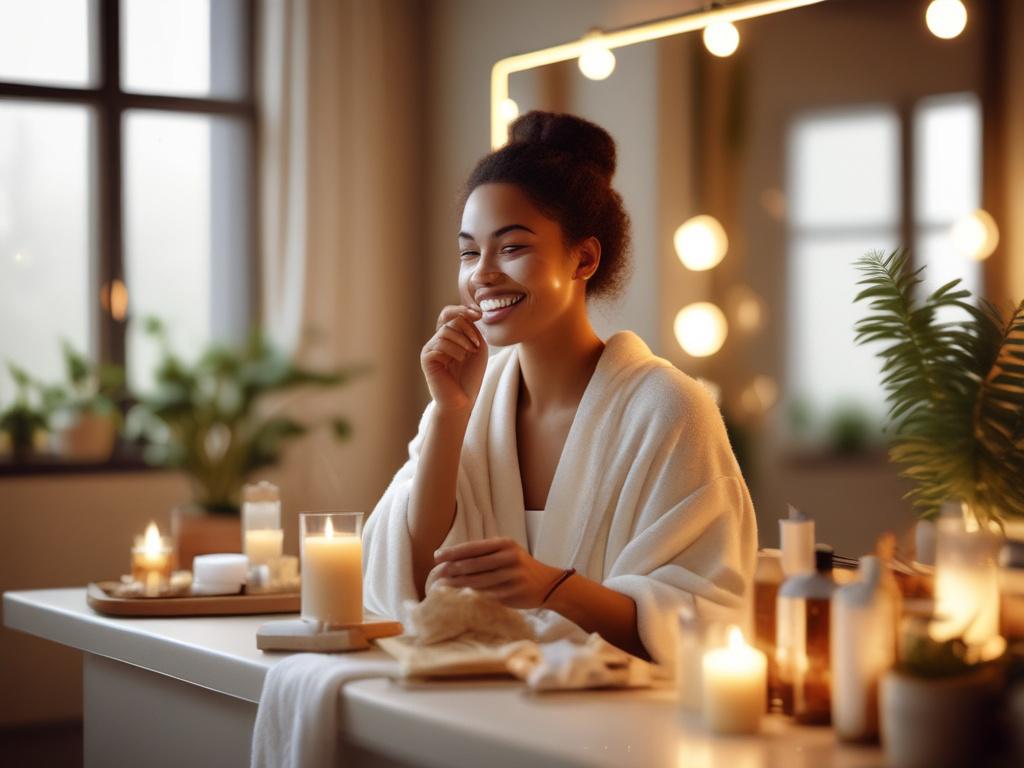 A cozy scene with a woman smiling while applying a