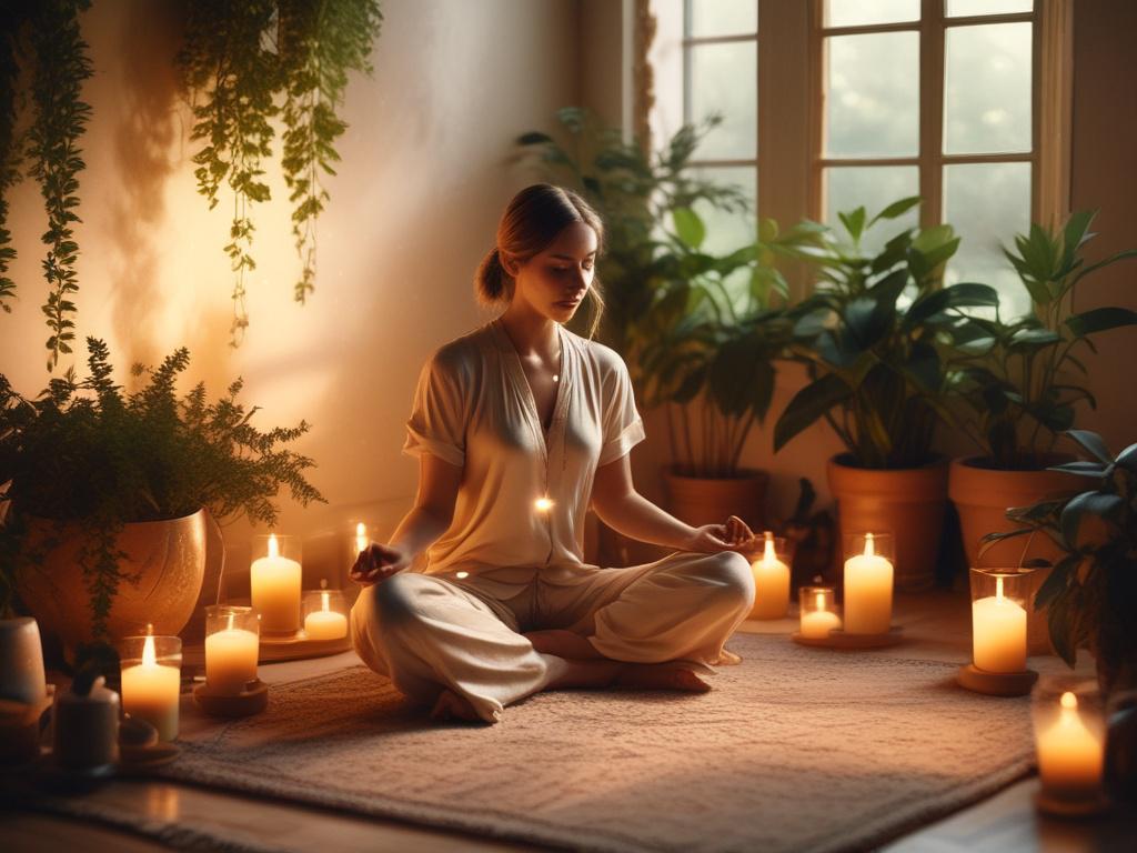 A serene woman sitting cross legged on a soft rug,