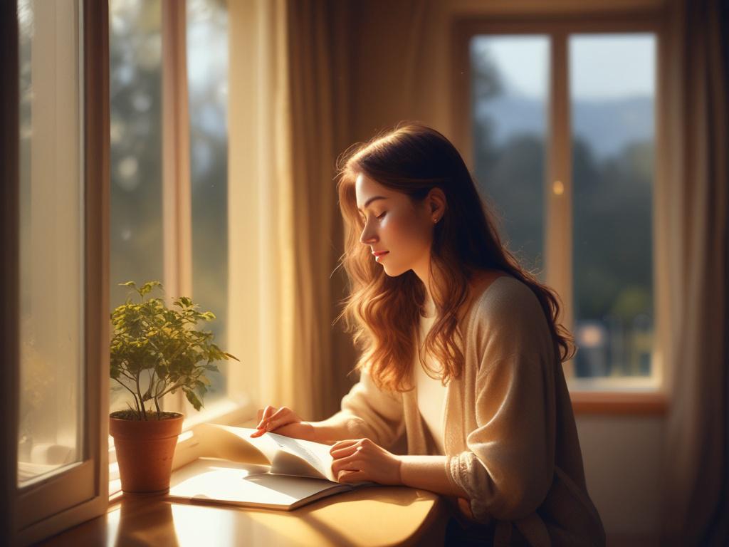Una mujer sentada con tranquilidad junto a una ventana iluminada por luz natural, escribiendo en un diario. A su alrededor, un ambiente sereno y cálido con detalles suaves como una manta, una taza de té, y una planta o vela. Su expresión es introspectiva pero aliviada, como si estuviera soltando pensamientos profundos. El estilo evoca intimidad, claridad emocional y ligereza. La paleta de colores incluye tonos suaves como beige, lavanda y azul claro, generando una sensación de calma interior. El diario es e