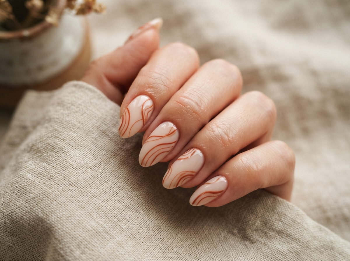 Fine-line nail art — terracotta brushstrokes over milky nude
