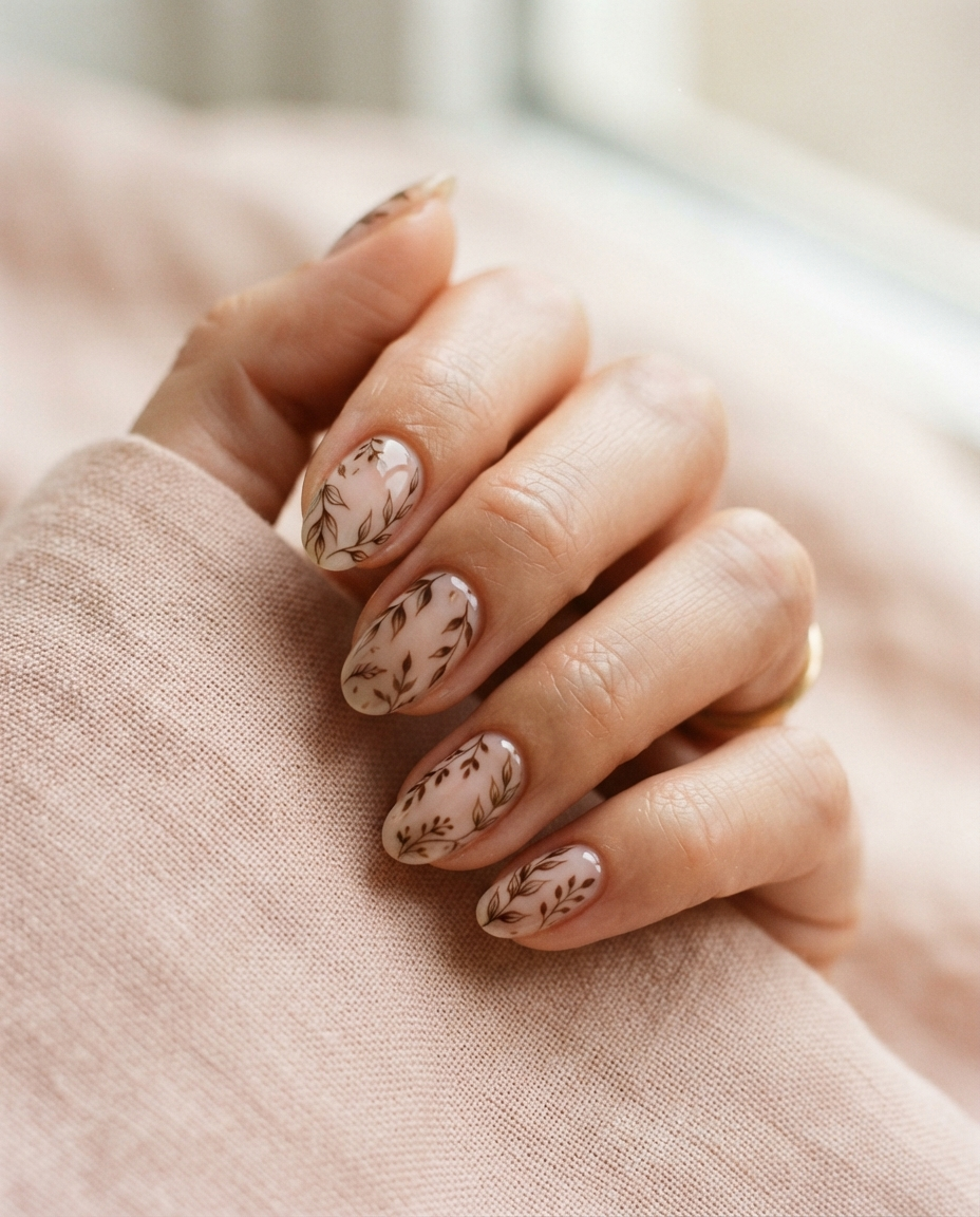 Botanical nail art — espresso leaf and vine motifs on sheer base