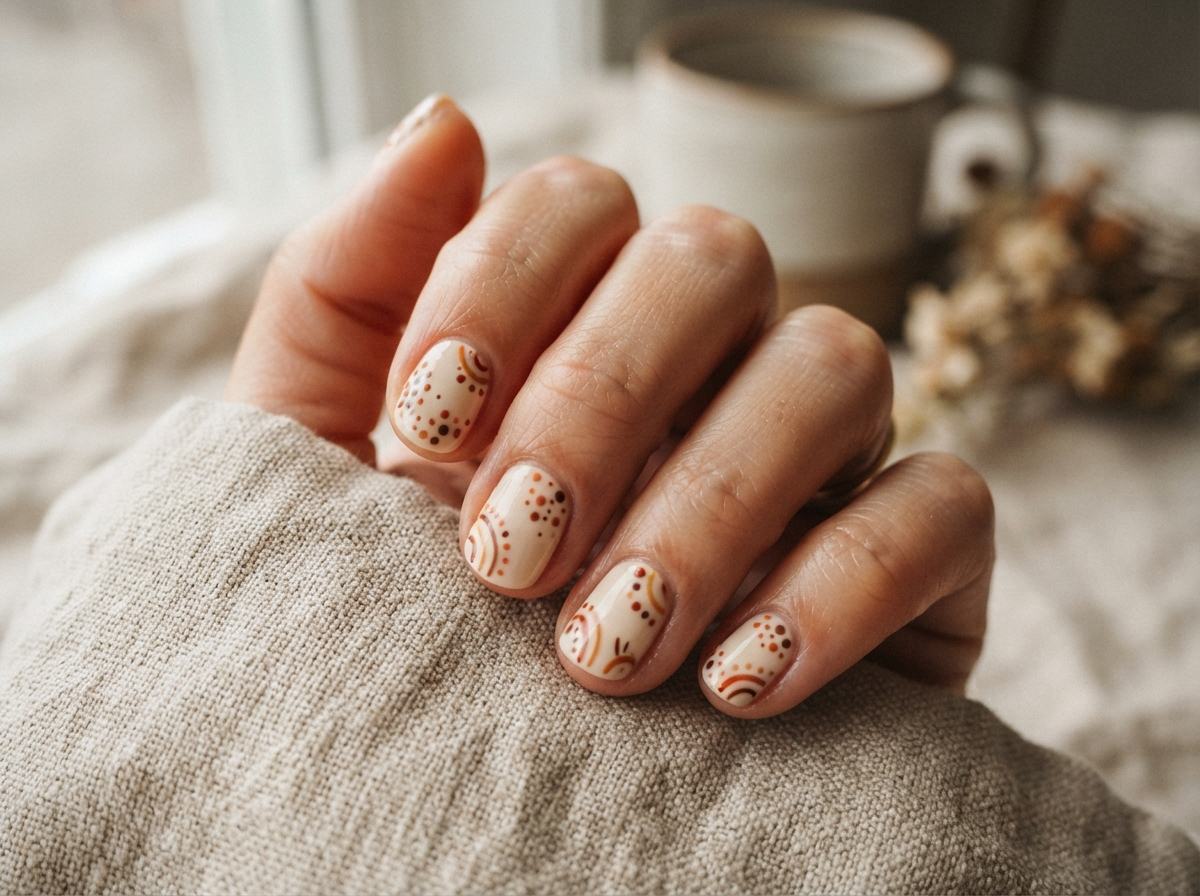 Micro-dot nail art — scattered terracotta dots and arcs on cream