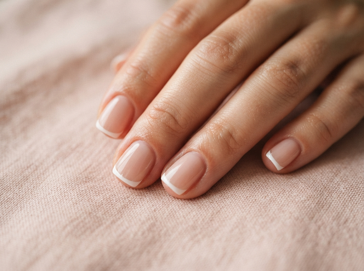 Micro French manicure — nude base with ultra-thin white tips