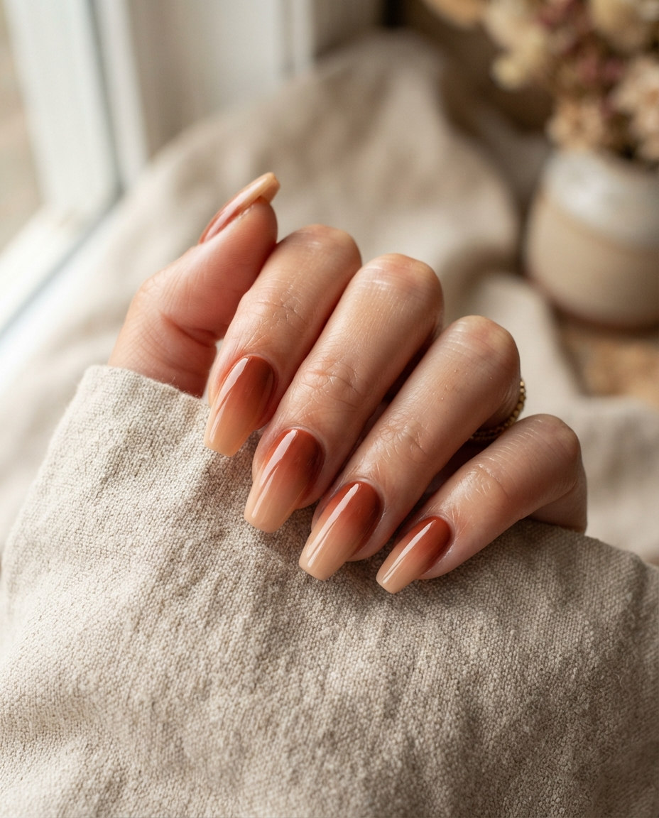 Terracotta ombré manicure — rust blending into warm cream