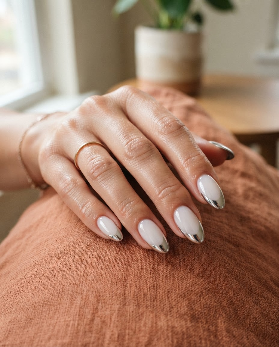 Chrome French manicure by Mika Reyes