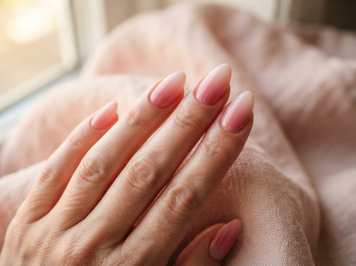 Blush ombré gel manicure — milky pink fading into warm rose