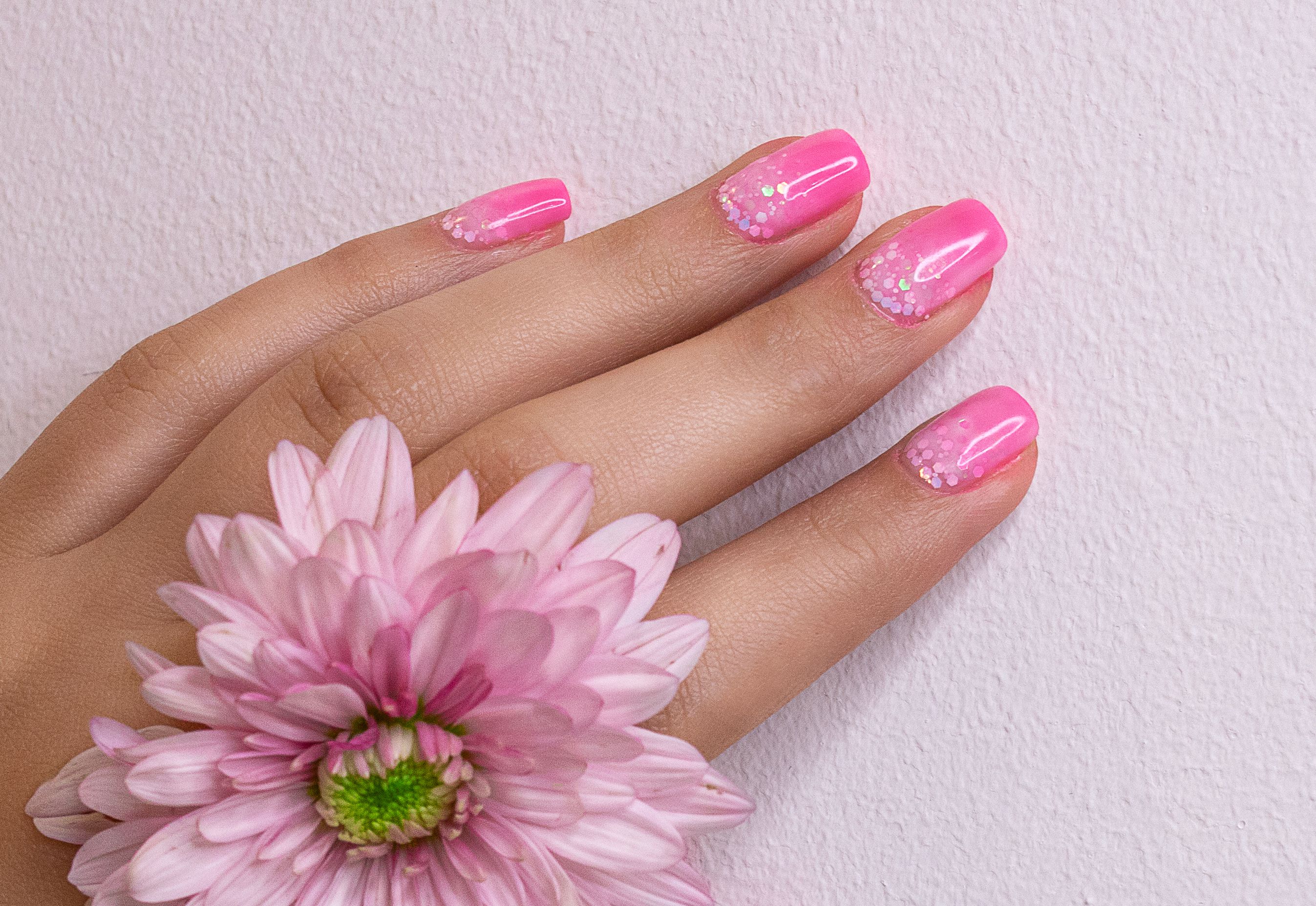 Glitter-tipped pink manicure resting beside a blush chrysanthemum against a softly textured wall