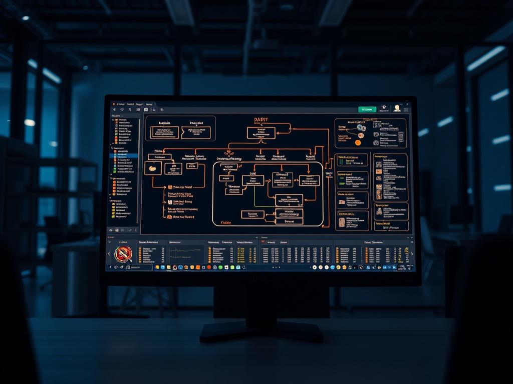 An intricate visualization of an ETL pipeline on a computer