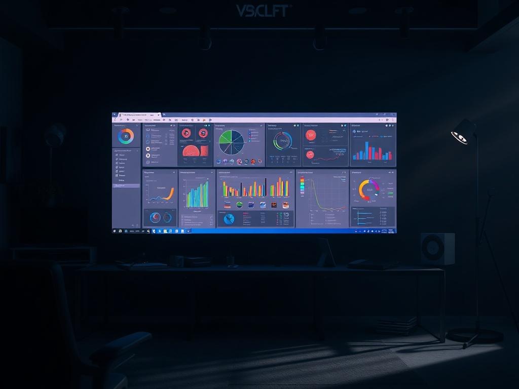 A creative workspace featuring a large screen displaying an interactive