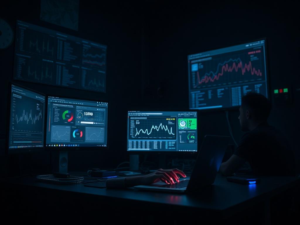 A skilled data engineer working on a laptop, analyzing data