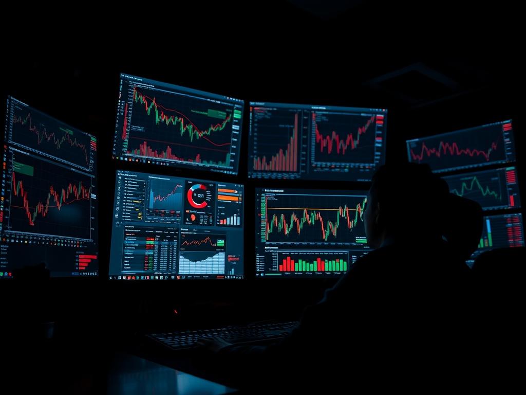 A dramatic high resolution image of a financial analyst monitoring