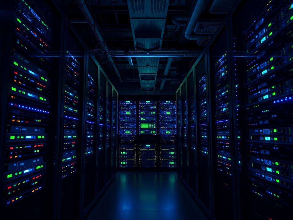 A high resolution image showing a modern server room with