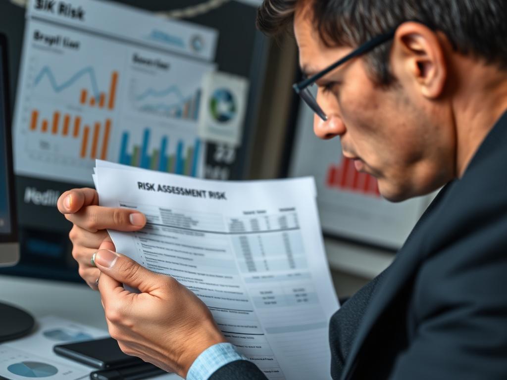 A close up shot of a financial analyst reviewing risk