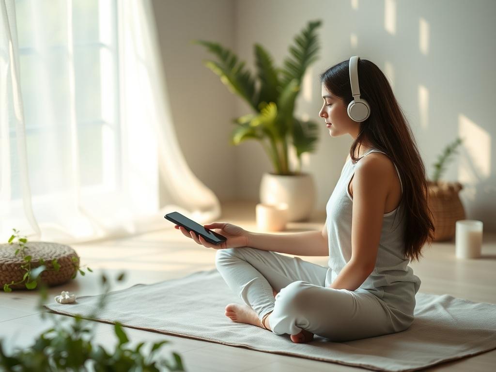 A serene person sitting cross legged on a soft mat,