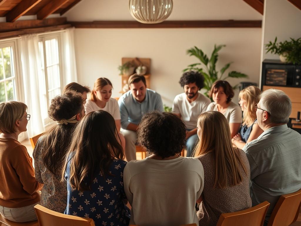 A diverse group of people gathered in a circle, sharing