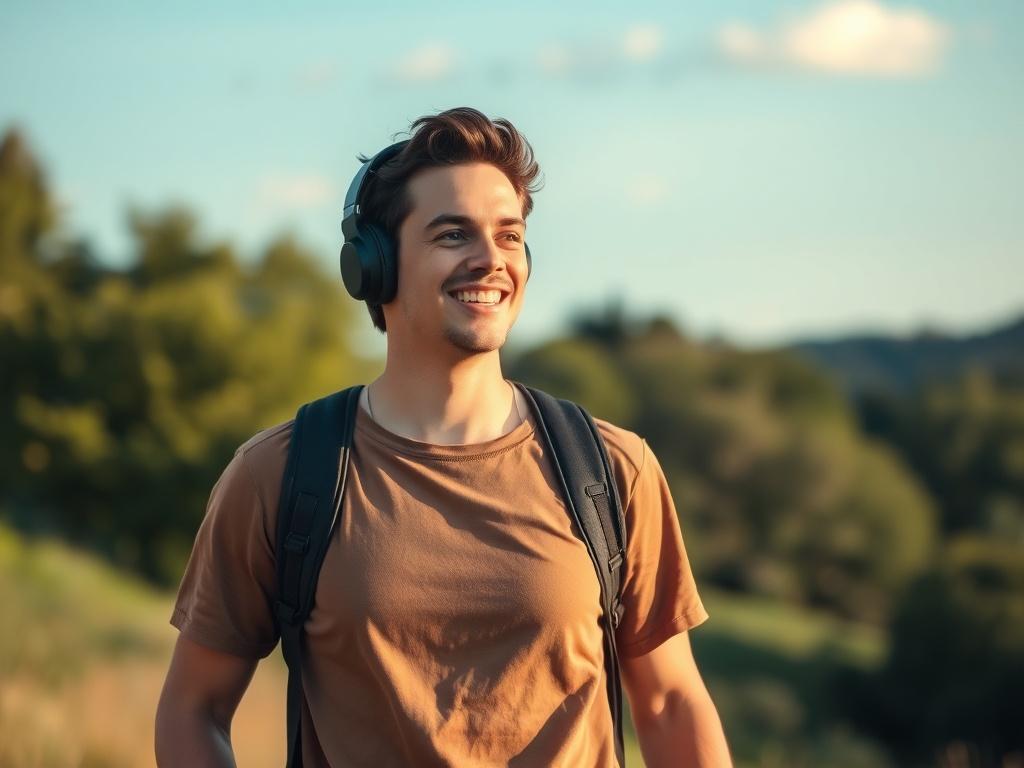 A person walking in a beautiful outdoor setting, wearing headphones