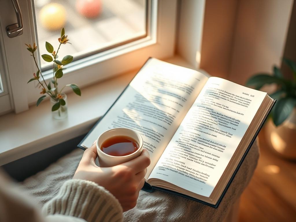 A peaceful morning scene with a person holding a cup