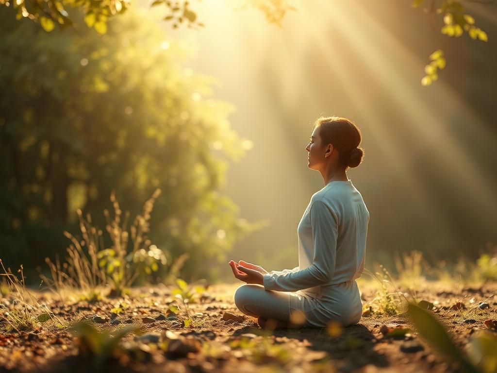 A peaceful setting with a person meditating, surrounded by nature,