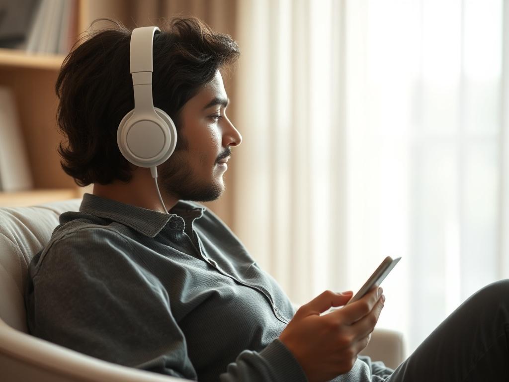 A person sitting comfortably with headphones, listening to a podcast