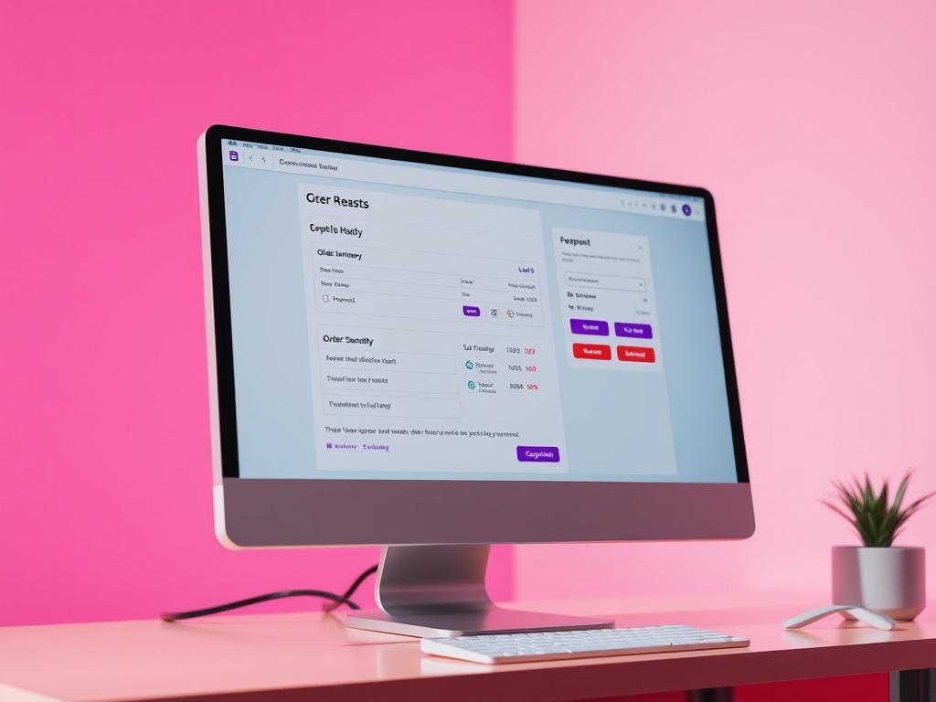 A close-up of a computer screen showing a user-friendly checkout page. The screen displays an order summary and payment options. The background is minimalistic, emphasizing the screen and the action of completing a purchase. The atmosphere conveys efficiency and ease.