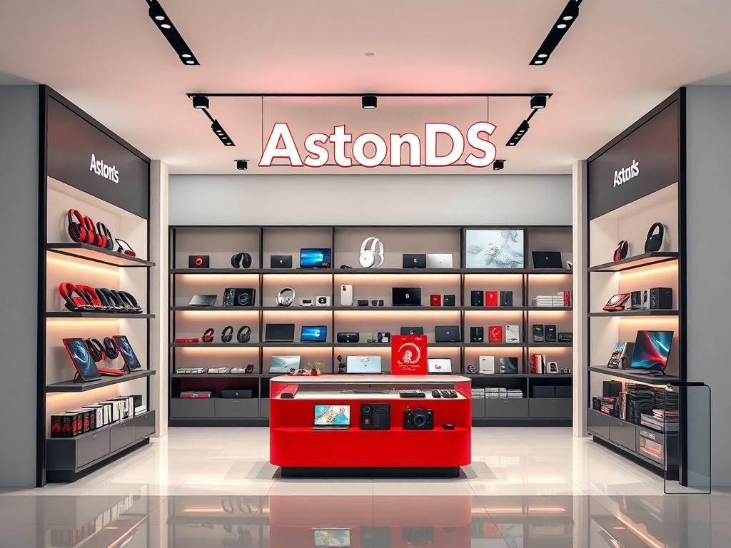A realistic high-resolution photo of a modern tech store named AstonDS. The store features sleek, minimalistic design with clean lines and bold vibrant colors. Displayed prominently are various tech products, including laptops, headphones, and smart gadgets, arranged neatly on shelves. The store is well-lit, showcasing the essential elements of a tech retail environment. The background is simple, emphasizing the products and the store's name, AstonDS.