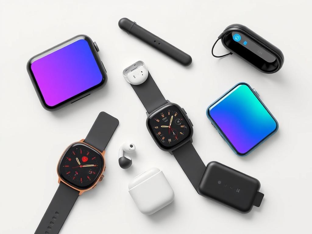 A realistic high-resolution photo featuring a selection of modern tech products, such as smartwatches, wireless earbuds, and portable chargers. The composition should be simple and clear, focusing on the products with a clean, minimalistic background to highlight their features. The colors should be bold and vibrant, emphasizing the sleek design of the tech items, while maintaining a life-like appearance.