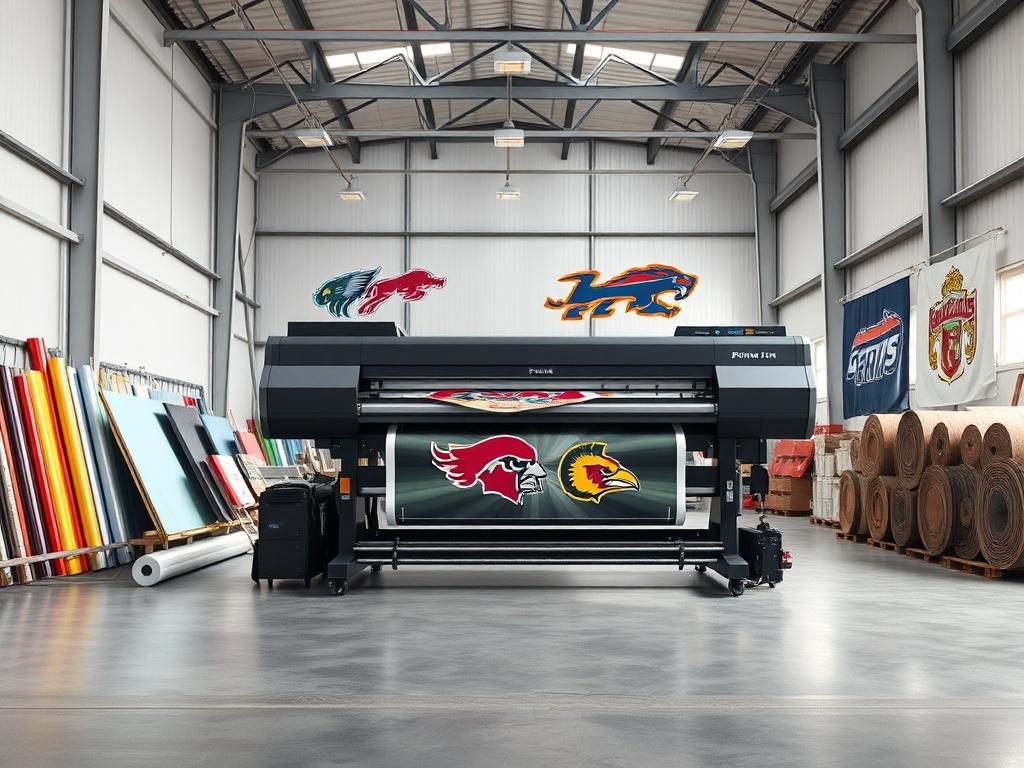 A wide format printer inside a spacious, well-lit warehouse, actively printing vibrant, high-resolution logos of southern sports teams. The printer should be the focal point, surrounded by rolls of colorful vinyl and finished prints hanging nearby. The background should showcase the warehouse's clean lines and minimalistic design, with bright, bold colors reflecting the sports team logos. The atmosphere should convey a sense of excitement and professionalism in graphic design.
