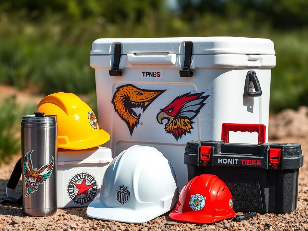 A realistic high-resolution photo of custom vinyl stickers applied to a cooler, showcasing vibrant colors and intricate designs. The cooler is placed outdoors against a natural backdrop, emphasizing its practical use. In the foreground, a construction hard hat and toolbox are visible, along with a tumbler and helmet, all featuring similar sticker designs. The composition is simple, clear, and focuses on the essential elements, highlighting the stickers' durability and creativity.