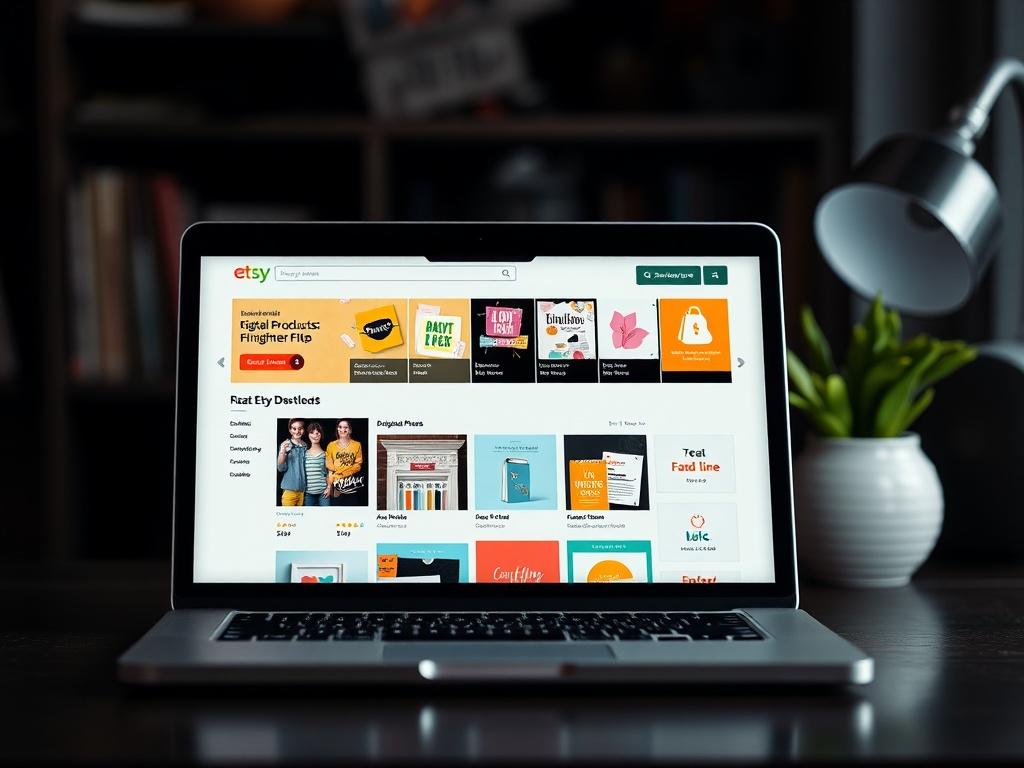 A vibrant and inviting image of a digital download display on an Etsy shop. The composition features a laptop open to an Etsy page showcasing various digital products like art prints, planners, and invitations. The background is softly blurred to emphasize the laptop, while bright lighting enhances the colors of the digital products. The scene conveys creativity and ease of use, inviting customers to explore and purchase digital downloads.