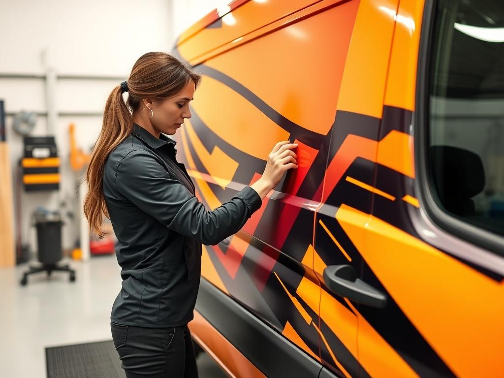 A female graphic installer applying vibrant vehicle fleet graphics on a commercial vehicle. The scene captures her focused expression as she carefully aligns the graphics on the side of the vehicle. The background features a bright, clean working environment with tools and materials for vinyl installation. The vehicle is a modern-looking van, showcasing bold colors and striking design elements that highlight the graphics being installed.
