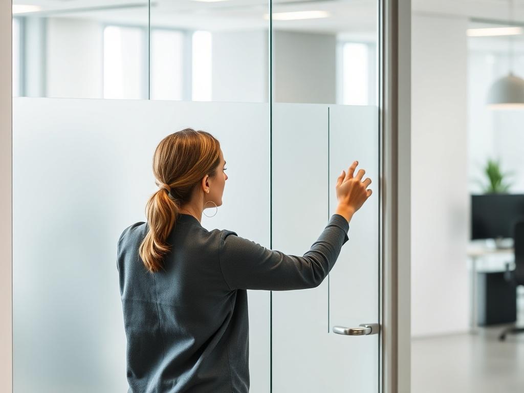 A realistic high-resolution photo of a young woman applying frosted vinyl to an office door inside a modern business environment. The scene features clean lines and minimalistic design elements, with bright, natural lighting illuminating the space. The woman is focused on her task, showcasing precision in her work. The office door is glass, and the frosted vinyl design adds a touch of professionalism while maintaining a contemporary aesthetic.