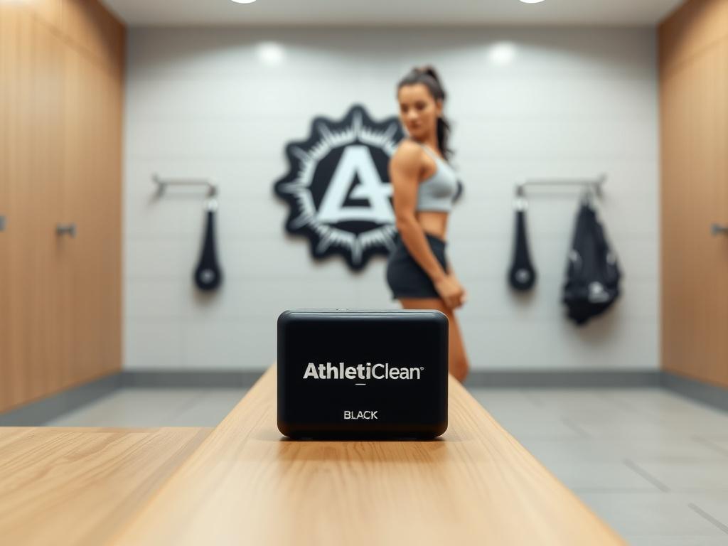A bright, modern locker room setting featuring a female athlete, looking refreshed after a workout. She stands proudly beside a vibrant AthletiClean Black logo displayed prominently on the wall. In the foreground, a square soap bar is placed on a sleek wooden bench, highlighting the themes of cleanliness and athleticism. The composition should be minimalistic with clean lines, bold colors, and a focus on the essential elements of the scene.