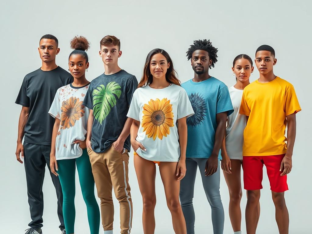 A high-resolution photo showcasing a diverse group of models wearing active wear, t-shirts, and uniforms. The clothing features vibrant prints on both the front and back. The composition should be minimalistic, focusing on the models and their clothing. The background should be clean and simple, ensuring the focus remains on the active wear. The colors should be bold and vibrant, reflecting the brand's energetic style.