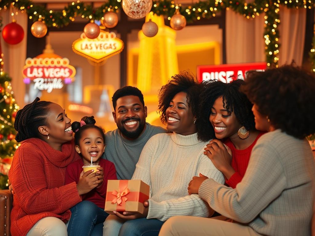A warm and inviting scene depicting a diverse African American family celebrating Christmas together in Las Vegas. The setting should feature festive decorations, such as Christmas lights and ornaments, with the iconic Las Vegas Strip in the background. Family members of various ages should be shown laughing, hugging, and enjoying each other's company, creating a sense of warmth and celebration in a cozy atmosphere.