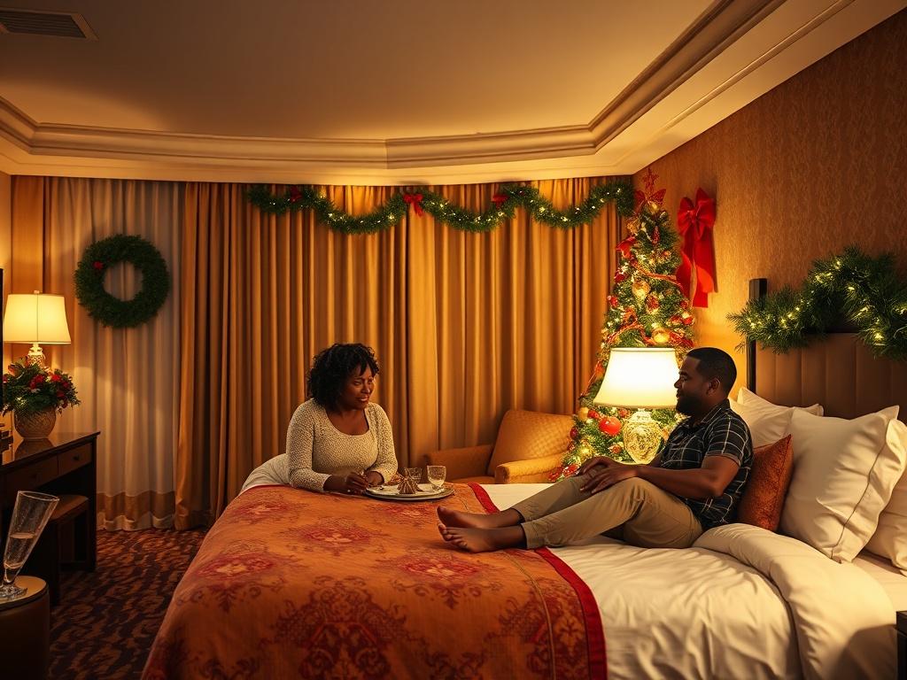A cozy hotel room at South Point Hotel, Casino & Spa, decorated for a family reunion. The scene includes warm lighting, festive holiday decorations, and a welcoming atmosphere, showcasing comfortable bedding and amenities. African American family members can be seen enjoying the space together, emphasizing comfort and togetherness.