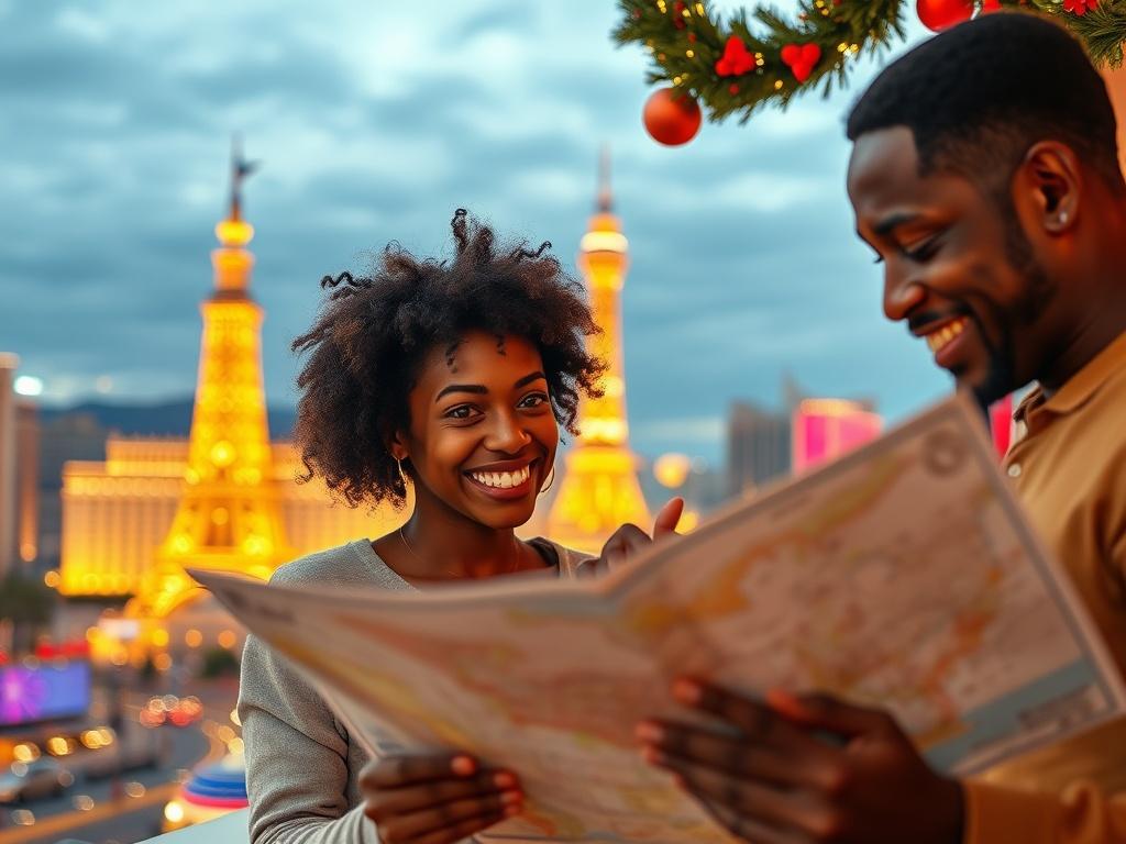 A scenic view of Las Vegas highlighting iconic landmarks and attractions. The image features a cheerful African American family member looking at a travel map, symbolizing exploration and adventure. The background includes festive holiday decorations, portraying the excitement of traveling for a family reunion.