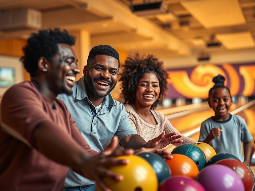 A cozy, high-resolution photo of a black man, a white man, a black woman, and black children enjoying a fun bowling activity. The scene captures them laughing and cheering as they bowl together. The bowling alley is well-lit with a warm, inviting atmosphere, featuring soft lighting and golden hues. The background shows colorful bowling balls and lanes, creating a sense of excitement and camaraderie. The focus is on the joyful expressions of the family members as they bond over the game.